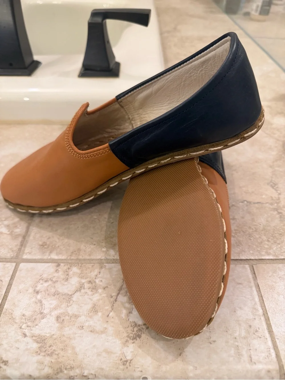 Sabah Two-Tone slip on Shoes in Camel and Navy